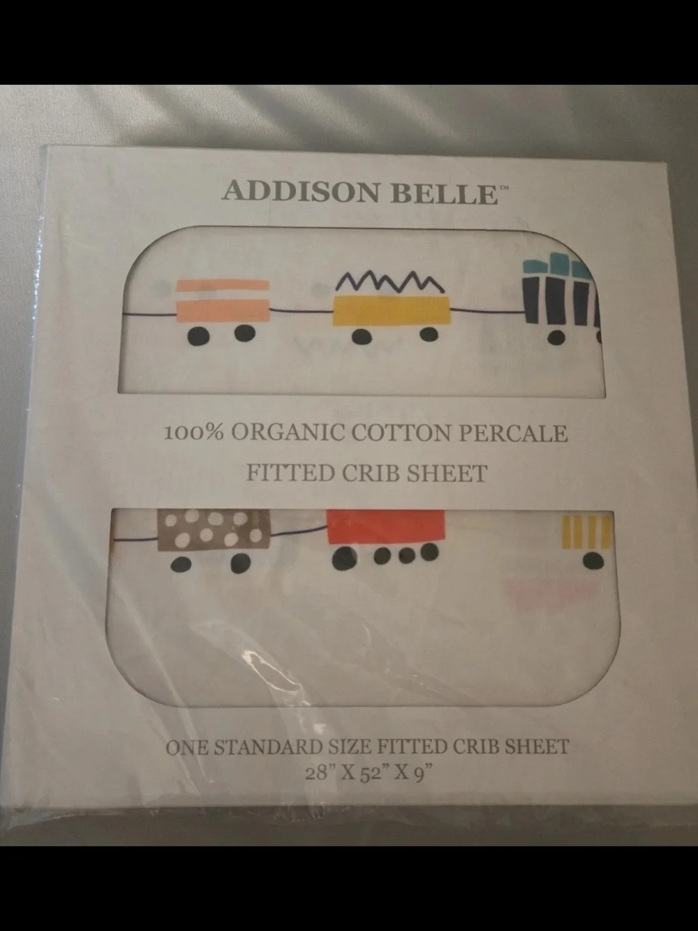 Addison Belle Organic Cotton Percale Fitted Crib Sheet - Multicolor Train Print